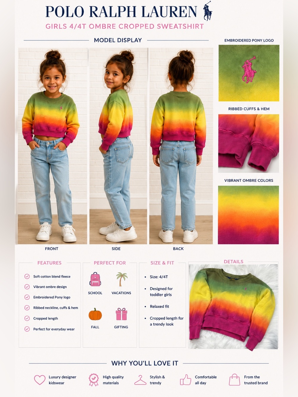 Polo Ralph Lauren Girls 4T Rainbow Ombre Cropped Sweatshirt Tie Dye Pink Yellow